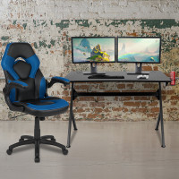 Flash Furniture BLN-X10D1904-BL-GG Black Gaming Desk and Blue and Black Racing Chair Set with Cup Holder, Headphone Hook & 2 Wire Management Holes